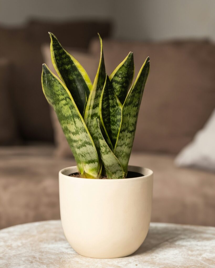 Das Bild zeigt eine Sansevieria-Pflanze, auch bekannt als Bogenhanf oder Schwiegermutterzunge, in einem hellen Keramiktopf. Die Pflanze hat hohe, aufrechte und schmale Blätter, die dunkelgrün mit helleren grünen horizontalen Streifen sind. Der Topf steht auf einer runden, weißen Marmoroberfläche. Im Hintergrund ist eine unscharfe Innenraumkulisse mit Möbeln in neutralen Tönen zu sehen.